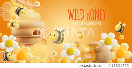 3d vector poster with floral honey and a swarm of bees on a yellow background. 118831763