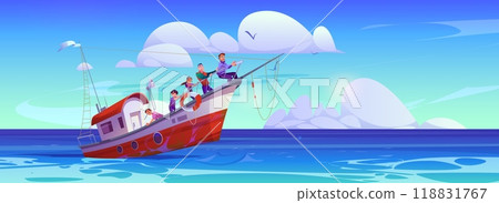 Commercial ship fishing in ocean water vector 118831767