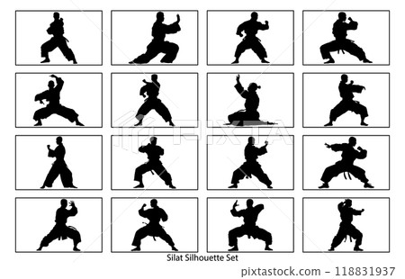 Silhouette of Pencak Silat Athlete in action, silhouettes of martial arts pencak silat with different action pose. 118831937