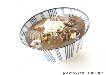 Beef curry bowl photographed on a white background 118832074