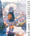 A girl looking down at the city on a rainy day 118832125
