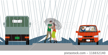 異常天氣導致大雨和洪水中汽車和行人的圖像說明 118832140