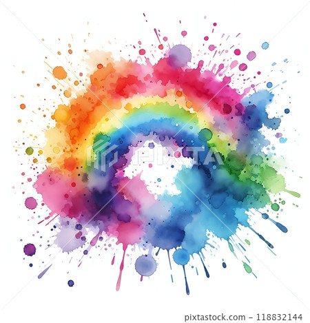 Colorful watercolor rainbow with vibrant splashes on white background. Abstract artistic design for creative projects, prints, and digital art 118832144