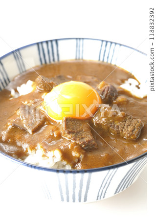Tsukimi beef curry bowl photographed on white background Tsukimi beef curry bowl photographed on white background 118832392