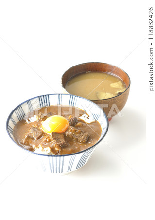 Tsukimi beef curry bowl and miso soup photographed on white background Tsukimi beef curry bowl and miso soup photographed on white background 118832426