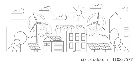 Eco friendly modern house. Alternative wind energy station. Solar panels, wind power. Environment concept vector outline illustration. 118832577