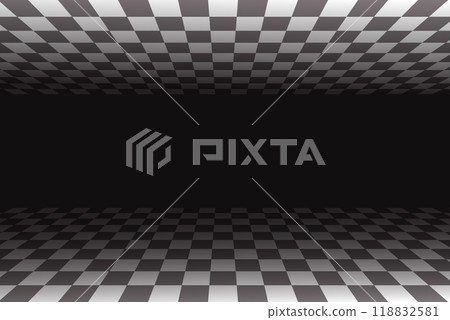 Perspective chess floor. White and black checkered pattern room. 3D tiled floor. Vector abstract surreal space isometric illustration. Endless tunnel, futuristic monochrome wallpaper Perspective chess floor. White and black checkered pattern room. 3D tiled floor. Vector abstract surreal space isometric illustration. Endless tunnel, futuristic monochrome wallpaper 118832581