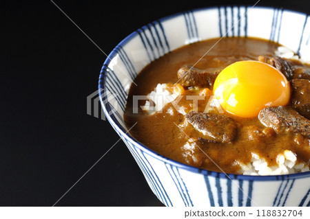月見牛肉咖哩碗在黑色背景下拍攝 月見牛肉咖哩碗在黑色背景下拍攝 118832704