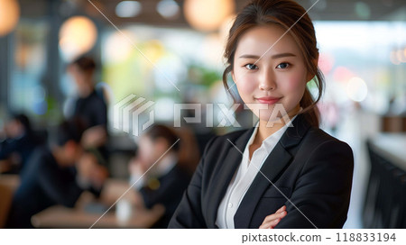 Asian businesswoman is evident as she stands with her arms crossed Asian businesswoman is evident as she stands with her arms crossed 118833194