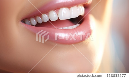 Close-up of a beautiful womans genuine and radiant smile captured in stunning detail 118833277