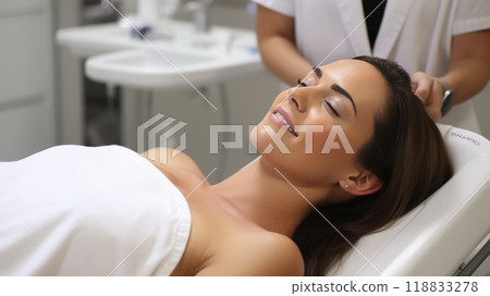 Young woman getting ready for a relaxing spa treatment or surgical procedure at a wellness center 118833278