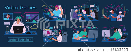 Vector illustration set of gamers playing video games and streaming. Flat cartoon style with doodle icons of consoles, computers, controllers. VR gaming and teamwork. Esports, technology projects Vector illustration set of gamers playing video games and streaming. Flat cartoon style with doodle icons of consoles, computers, controllers. VR gaming and teamwork. Esports, technology projects 118833305