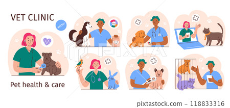 Vet clinic vector illustration set in flat cartoon style. Pet health, veterinary consultation, animal care, dogs, cats, rabbits. Vet doctors use medical tools, online service for domestic animals Vet clinic vector illustration set in flat cartoon style. Pet health, veterinary consultation, animal care, dogs, cats, rabbits. Vet doctors use medical tools, online service for domestic animals 118833316