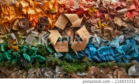 Recycling symbol on textured background of compressed cardboard and paper. Generative AI 118833331