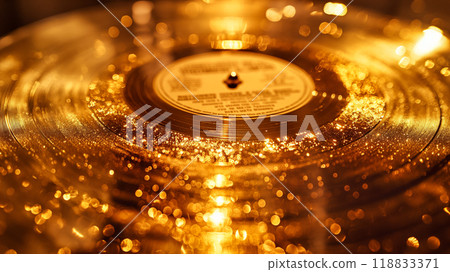 Golden vintage vinyl record on turntable during cozy, retro concept background. Generative AI 118833371