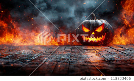 Halloween Scene of an Empty Table and Blurred Pumpkin Face Ready for Festive Fun 118833406