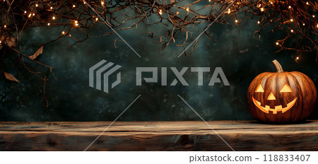 Wooden Table with Blurred Glowing Pumpkin Background, Perfect for Halloween Decorations Wooden Table with Blurred Glowing Pumpkin Background, Perfect for Halloween Decorations 118833407