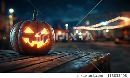 Empty Wooden Table and a Spooky, Blurred Halloween Night with Glowing Pumpkin Face Empty Wooden Table and a Spooky, Blurred Halloween Night with Glowing Pumpkin Face 118833408