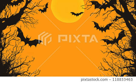 Eerie Halloween Night with Bats Soaring Over a Shadowy Forest Silhouette Under a Full Moon 118833463