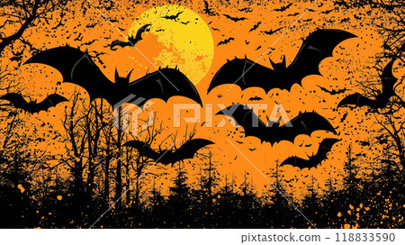Halloween Night of Frights, Bats Flying Over a Shadowy Forest Silhouette in a Yellow-Orange Sky Halloween Night of Frights, Bats Flying Over a Shadowy Forest Silhouette in a Yellow-Orange Sky 118833590