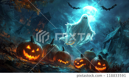 Ghostly Figures and Jack-O-Lanterns Haunt the Cemetery on a Chilling Halloween Night Ghostly Figures and Jack-O-Lanterns Haunt the Cemetery on a Chilling Halloween Night 118833591