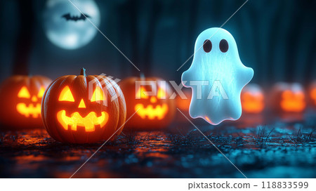 Ghosts and Jack-O-Lanterns Emerge from the Shadows of the Cemetery for a Terrifying Halloween 118833599