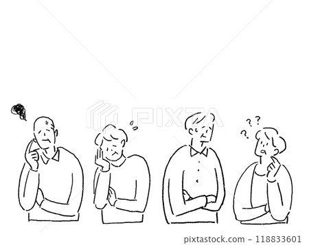 Elderly people with troubled faces, four seniors, line drawing 118833601