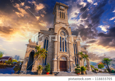 Nha Trang Cathedral or Stone Church or Christ the King Cathedral in Vietnam at sunset 118833705