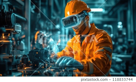 Male engineer using augmented reality in high-tech factory for precision machinery work 118833744