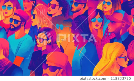 Colorful abstract illustration of a diverse crowd wearing sunglasses at a vibrant event 118833750