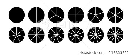 Circle division infographic icon set. Pie chart divided 8,9,10 equal parts. Pizza or donut round diagram. Infographic wheel segment and fraction. Vector illustration isolated on white background 118833753