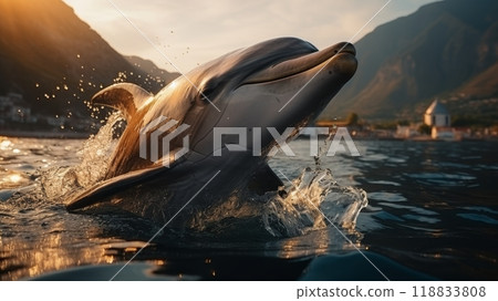 Beautiful dolphin leaping out of clear blue water with ample space for overlay text 118833808