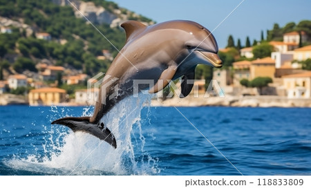 Playful dolphin leaping out of water with copy space, ocean wildlife photography 118833809