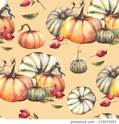 Pumpkins with rose hip, briar, dog rose berries seamless pattern. Watercolor autumn harvest illustration. Hand drawn Thanksgiving Day fabric, packaging, wallpaper. Isolated pastel coloured background Pumpkins with rose hip, briar, dog rose berries seamless pattern. Watercolor autumn harvest illustration. Hand drawn Thanksgiving Day fabric, packaging, wallpaper. Isolated pastel coloured background 118833903