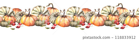 Pumpkins and wild rosehips, briar fruits, dog rose seamless border, pattern isolated white background. Watercolor autumn illustration. Hand drawn banner fall harvest for thanksgiving cards, halloween. 118833912