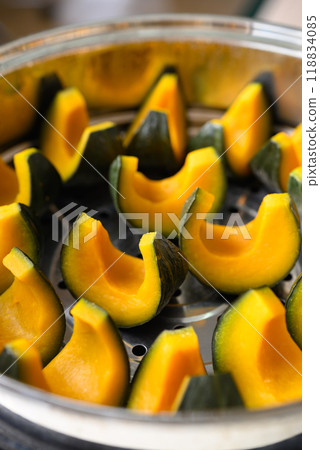 Steamed Japanese pumpkin or Kabocha squash, Healthy Asian food Steamed Japanese pumpkin or Kabocha squash, Healthy Asian food 118834085