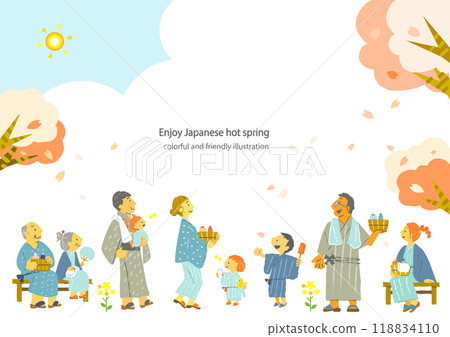 色彩繽紛、有趣的手繪插畫，描繪人們享受春天溫泉的情景 118834110