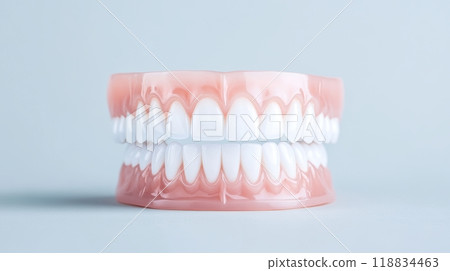 Full set of artificial teeth perfectly aligned, demonstrating dental health and t precision of modern prosthesis. Full set of artificial teeth perfectly aligned, demonstrating dental health and t precision of modern prosthesis. 118834463