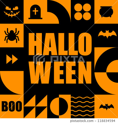 Happy Halloween geometric pattern. Modern abstract background with orange simple shapes, bat and spider. Vector illustration, bauhaus minimalist style. Perfect for flyer, postcard, header for website 118834594