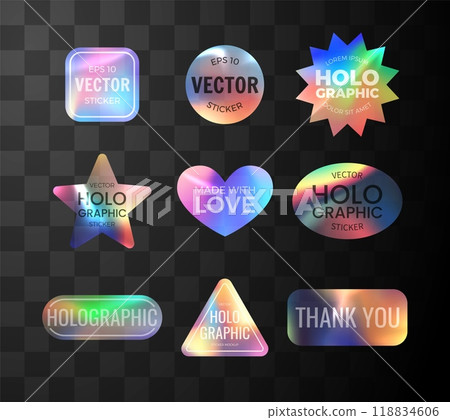 Illustration demonstrating a set of holographic neon stickers of different shapes and texts. 118834606