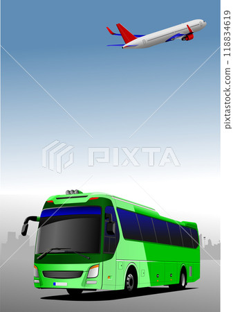 City panorama with bus and plane images. Coach. Vector illustration 118834619