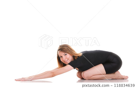 Sport Young woman doing exercise isolated on white 118834639