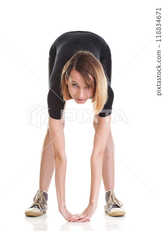 Sport Young woman doing exercise isolated on white 118834671