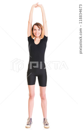 Sport Young woman doing exercise isolated on white 118834673