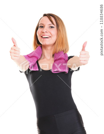 Portrait of successful winner Beautiful young happy woman isolated 118834686