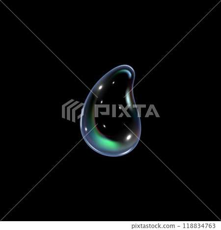 Vector graphics depicting a pear-shaped shiny soap bubble isolated on a black background 118834763