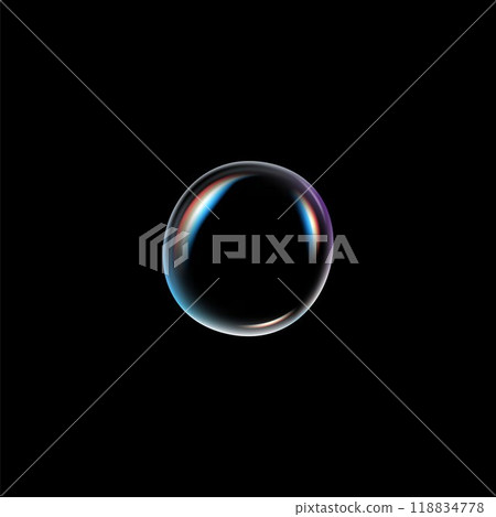 Vector graphics with a shiny soap bubble with multicolored liquid on a black background Vector graphics with a shiny soap bubble with multicolored liquid on a black background 118834778