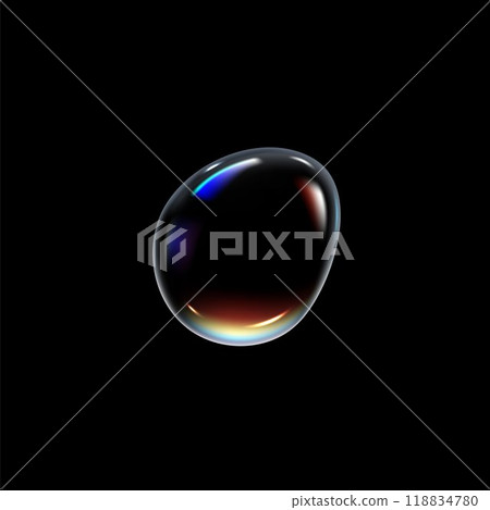 Vector graphics with a shiny realistic soap bubble with multicolored liquid on a black background Vector graphics with a shiny realistic soap bubble with multicolored liquid on a black background 118834780