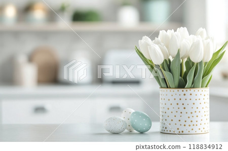 Delicate white tulips displayed in a dotted vase with eggs during a springtime celebration 118834912