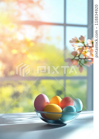 Colorful Easter eggs in a bowl on a sunny windowsill with a blooming branch nearby 118834920
